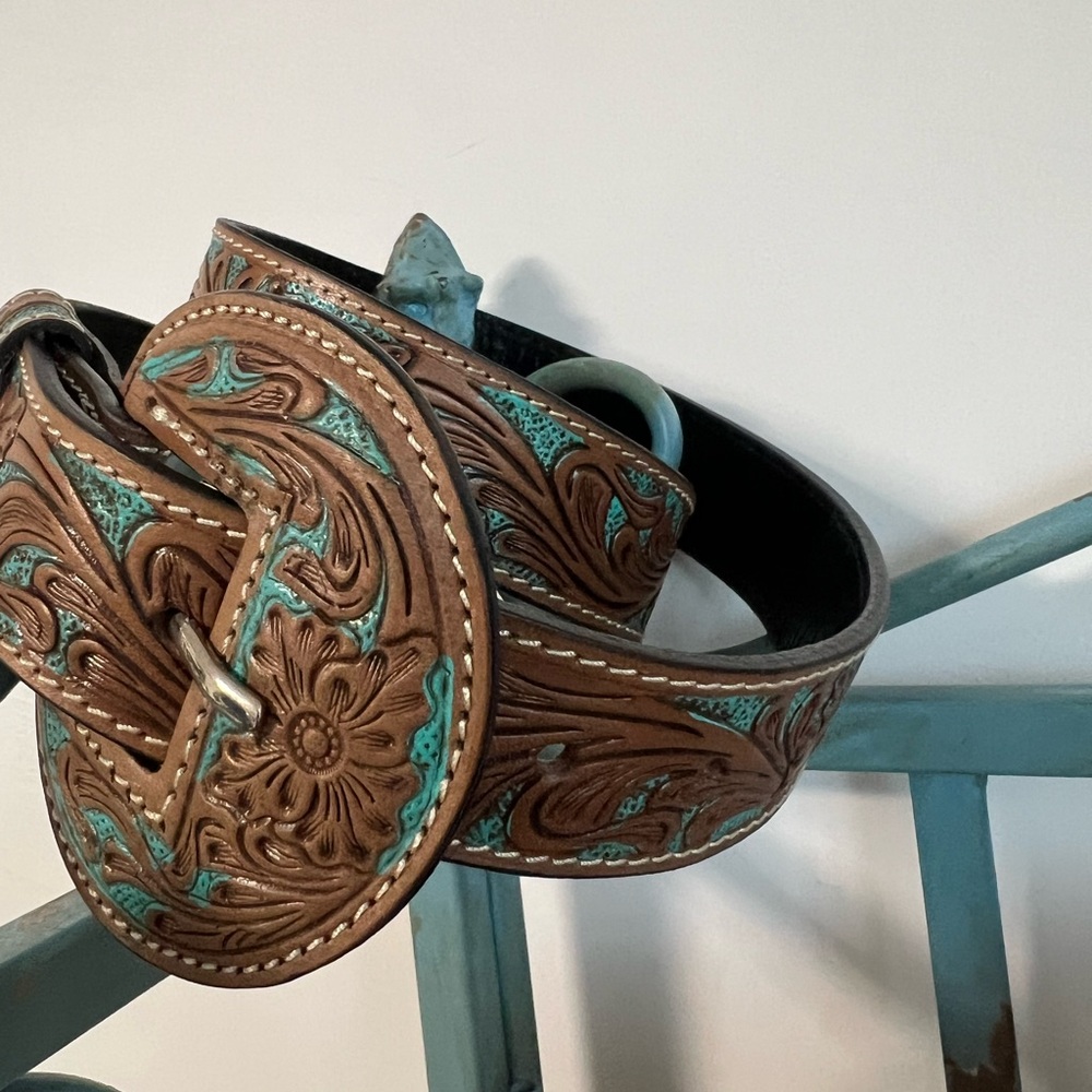 Hand-tooled Leather Black silver buckle Turquoise Belt Myra Bag Western boho M - Picture 4 of 8